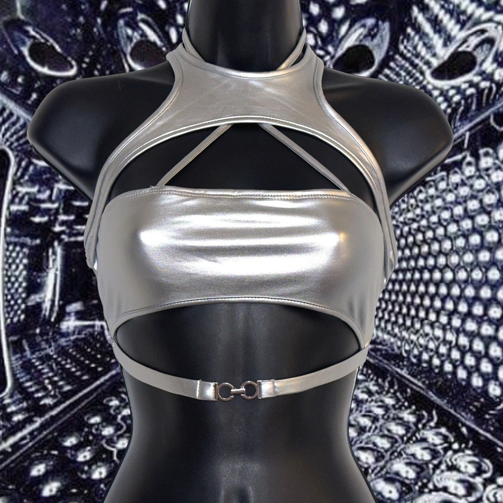 New Large Silver Metallic Cutout‎ Halter Crop Top Rave Festival Bralette Y2k